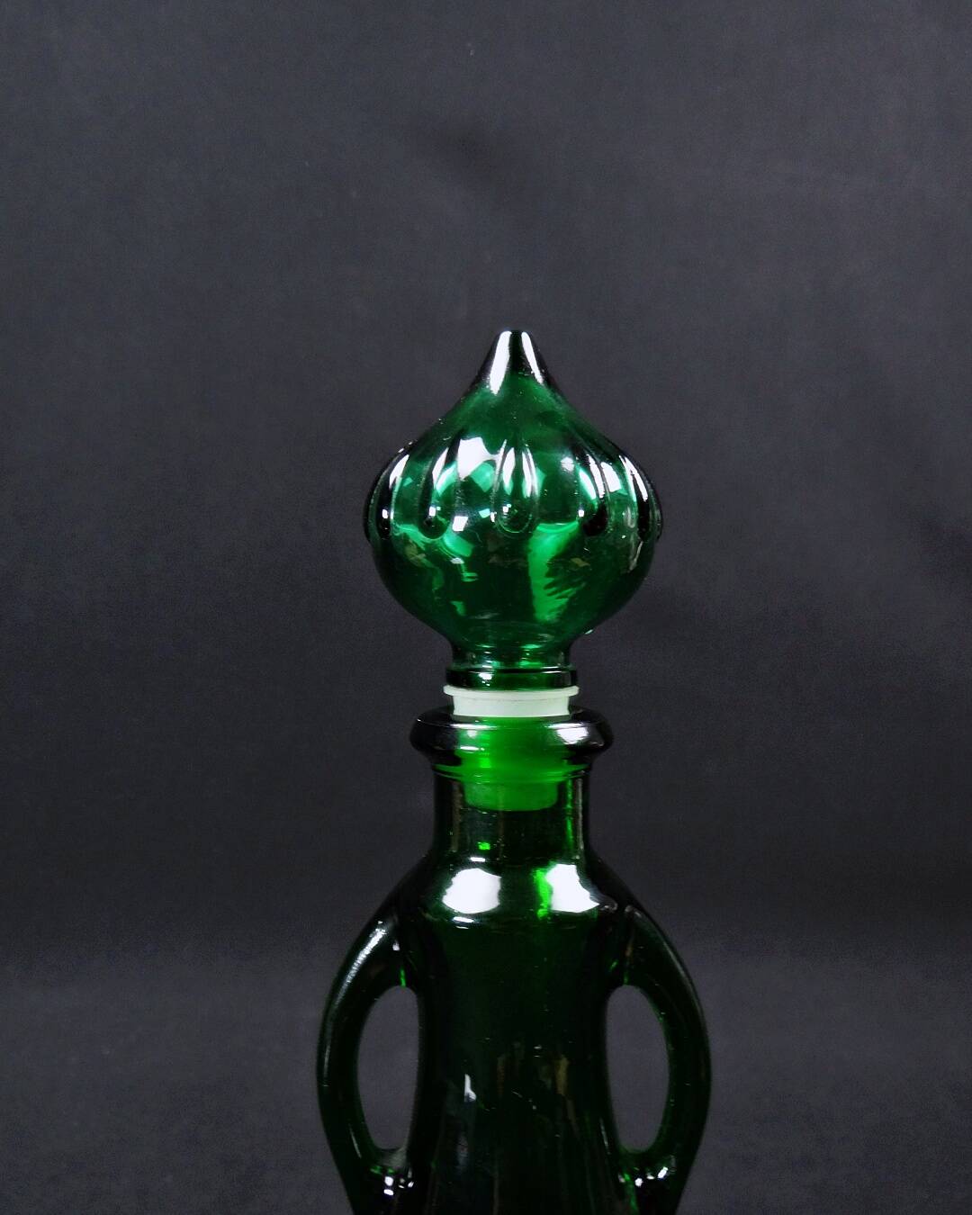 Vintage 70s green Empoli glass genie carafe bottle