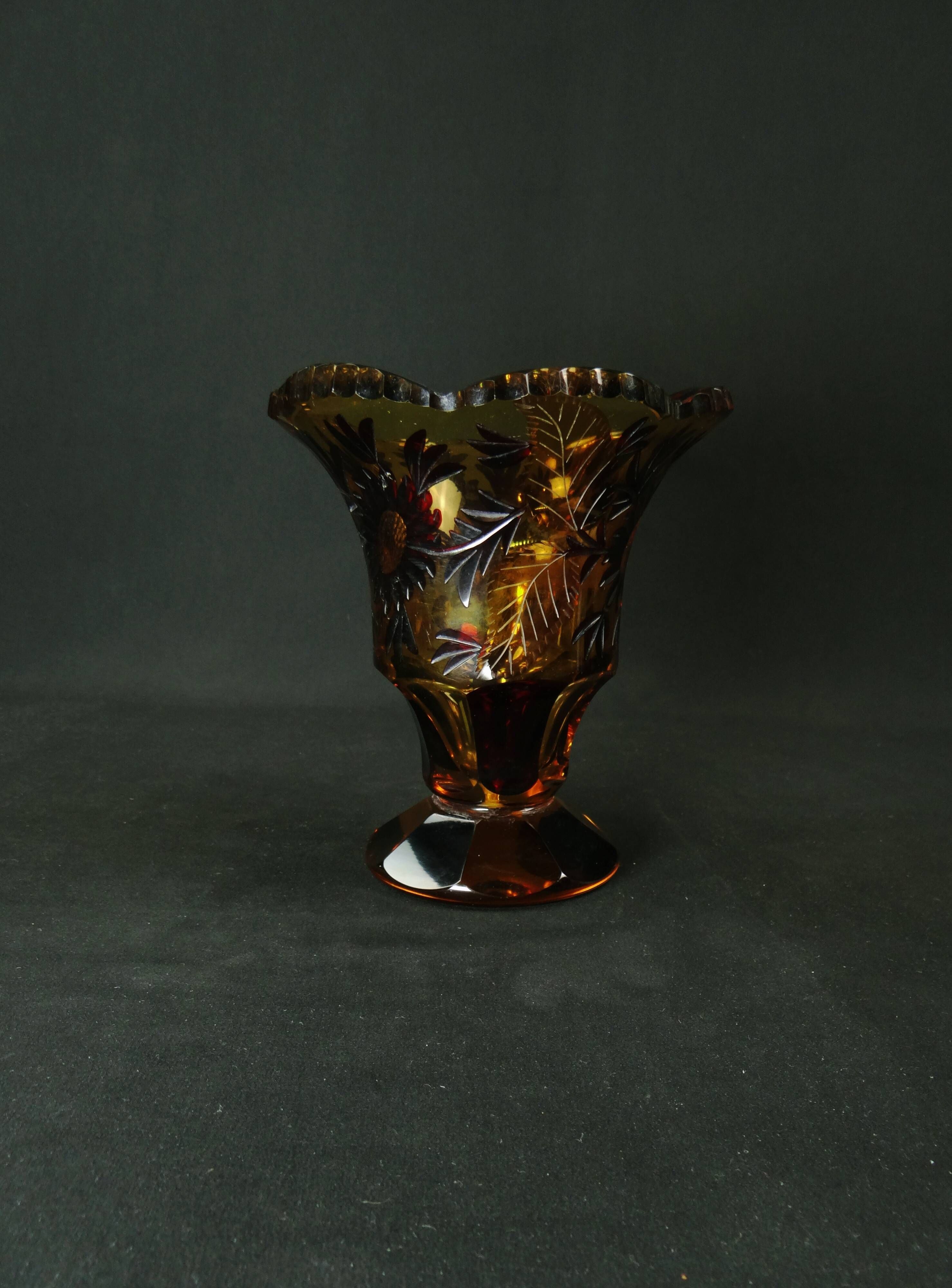 Bohemian cut crystal vase with Art Deco ruby red amber floral decoration