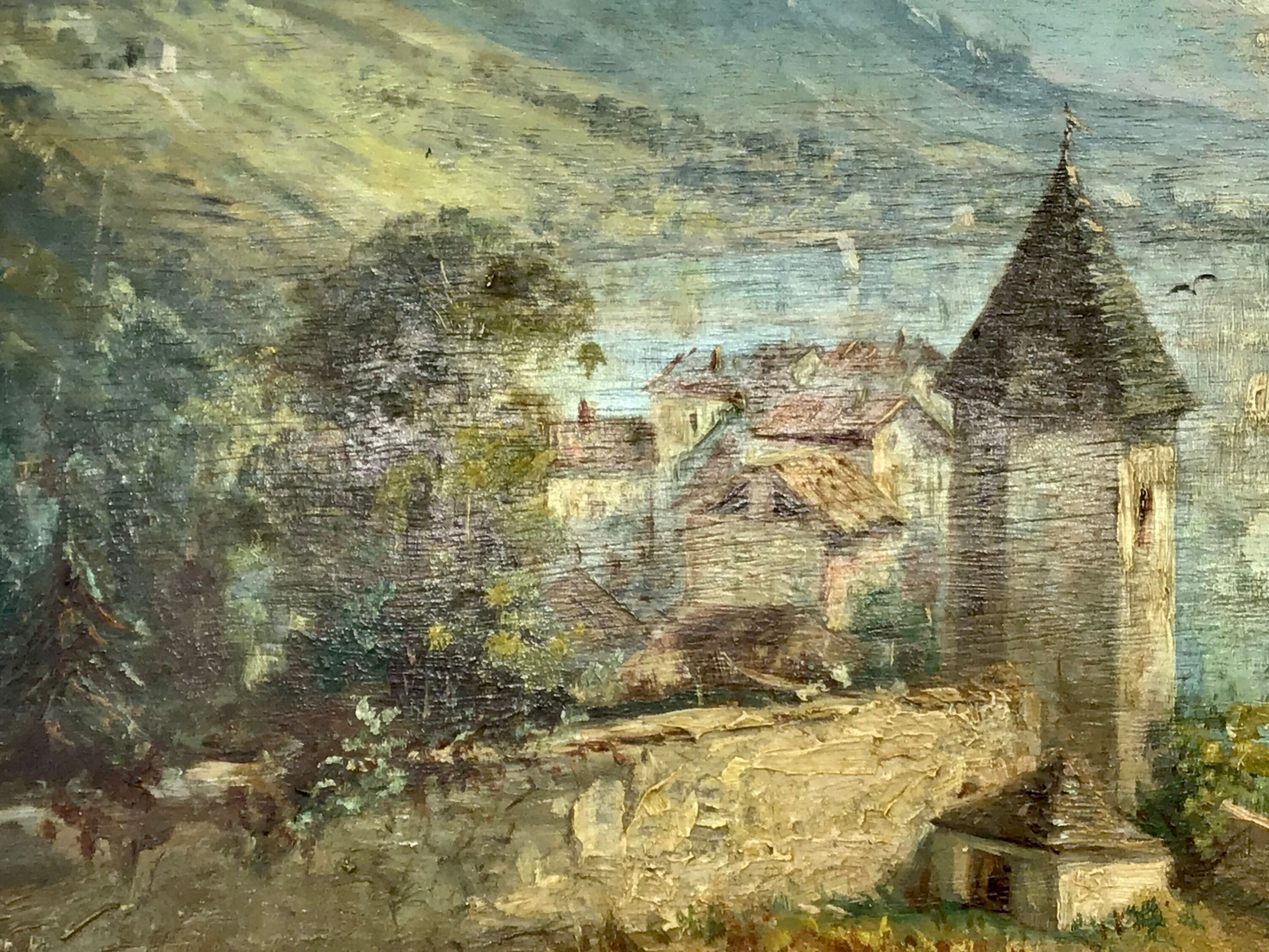 Ancient painting , Swiss landscape, signed and dated 1894