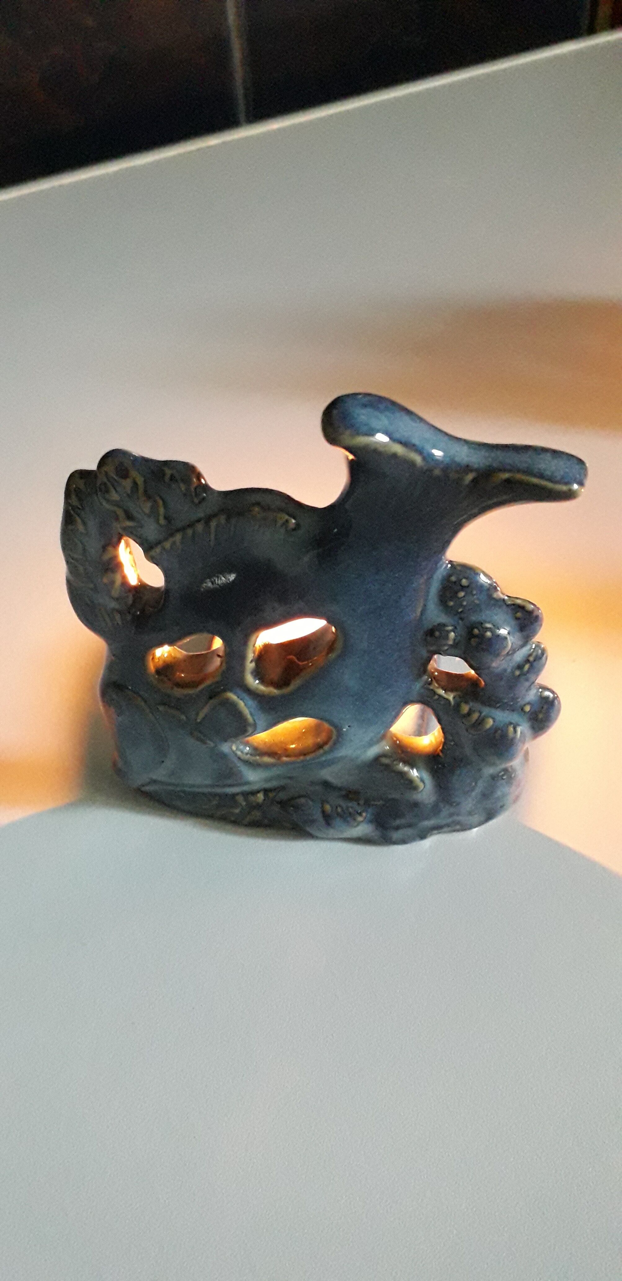 Set of 3 candle holders in glazed ceramic gray blue, shape "fish".