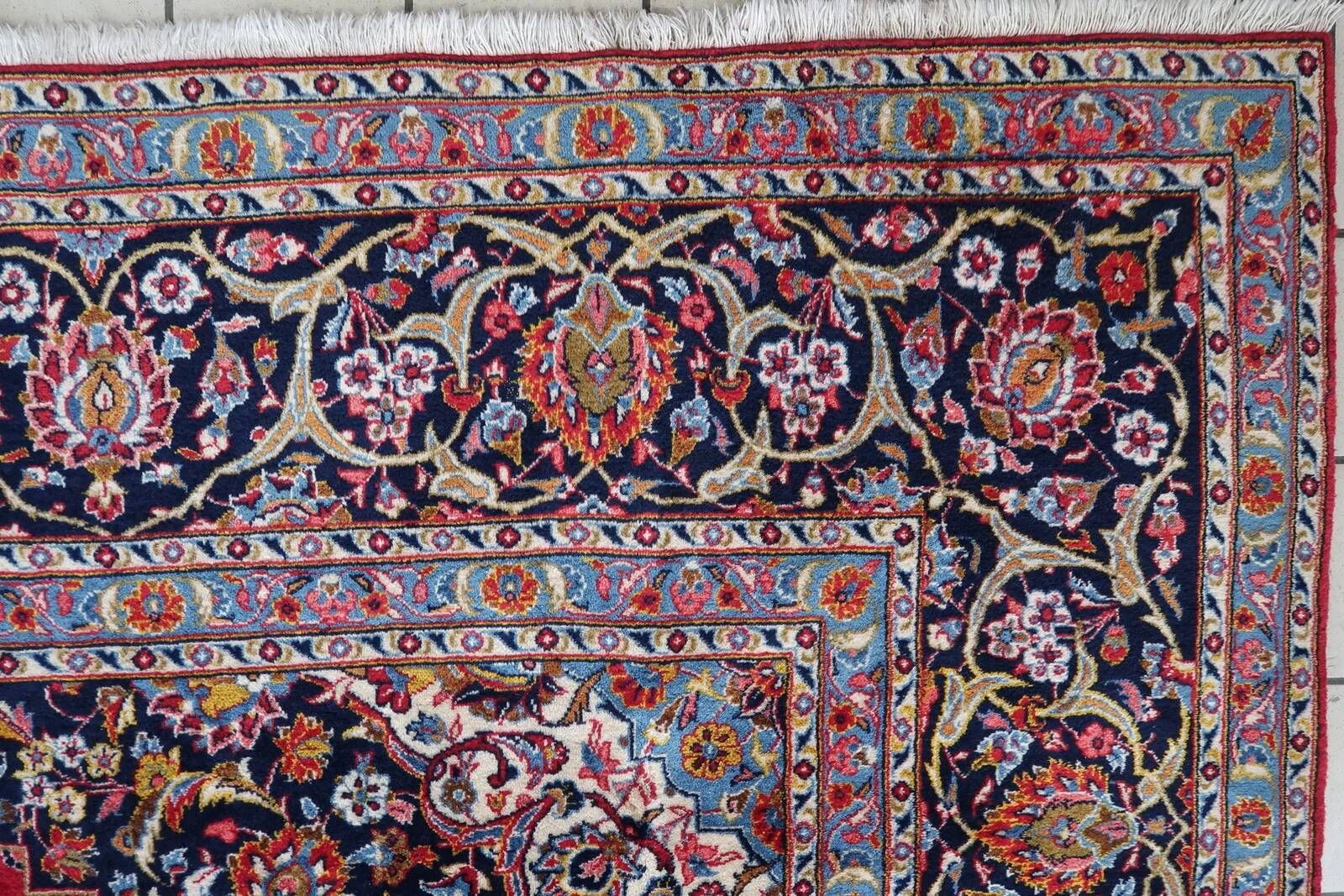 1920s handmade antique wool medallion rug, red & navy, 298 × 411 cm - 1C1302