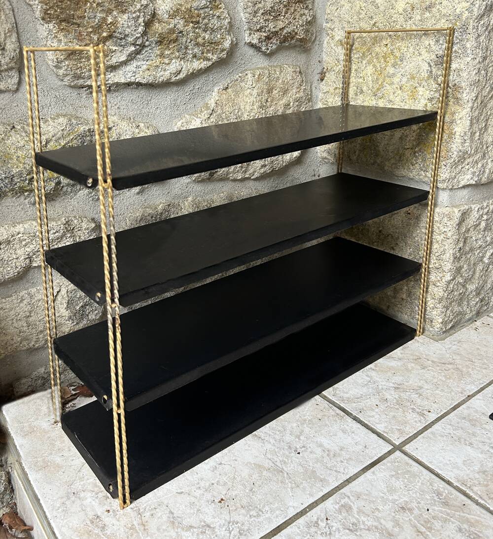 Double gold metal string shelves and black trays, vintage, 60s
