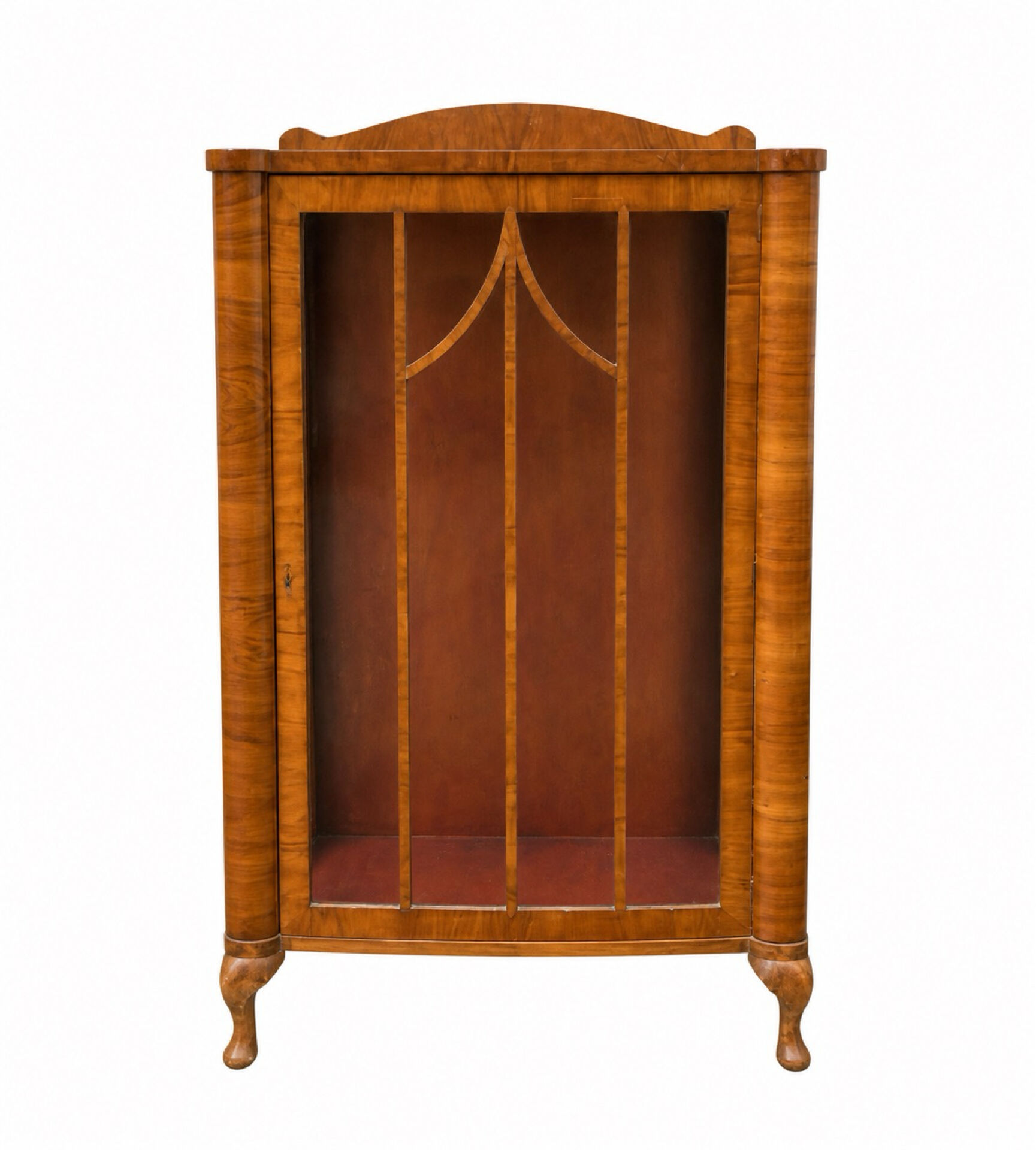 Antique English walnut display cabinet with glass sides in Art Deco style, 30s-40s.