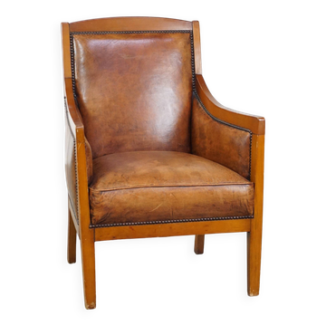 Fauteuil Art Déco en cuir de mouton marron et bois