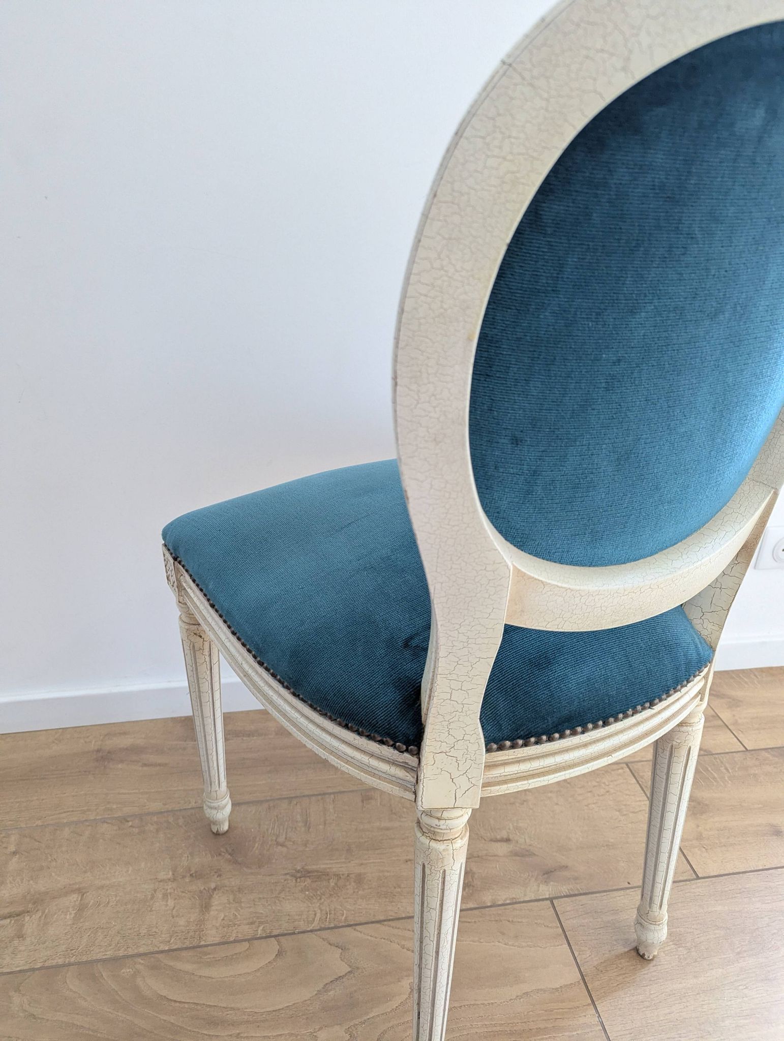 Vintage Louis XVI style chair in petrol blue velvet and patinated wood