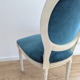 Vintage Louis XVI style chair in petrol blue velvet and patinated wood