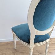 Vintage Louis XVI style chair in petrol blue velvet and patinated wood