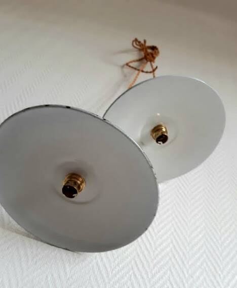 Pair of industrial enameled sheet metal pendant lights