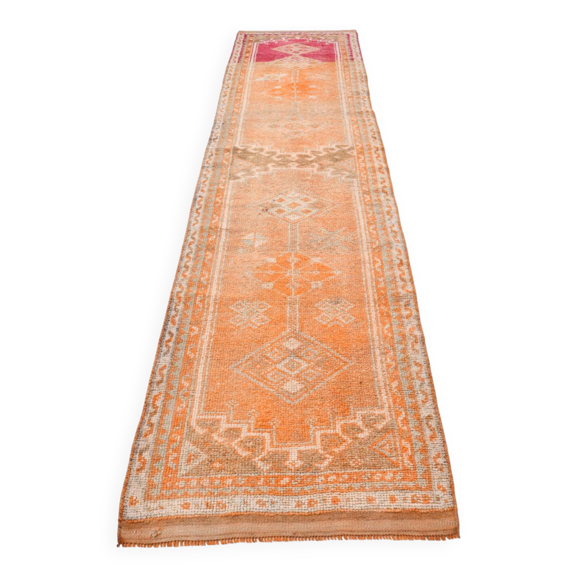 2x13 Soft Orange & Fuchsia Pattern Rug, Vintage Ousahk Runner Rug,90x381 Cm