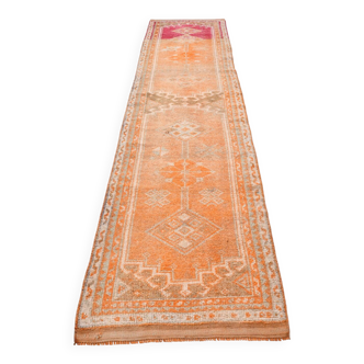 2x13 Soft Orange & Fuchsia Pattern Rug, Vintage Ousahk Runner Rug,90x381 Cm