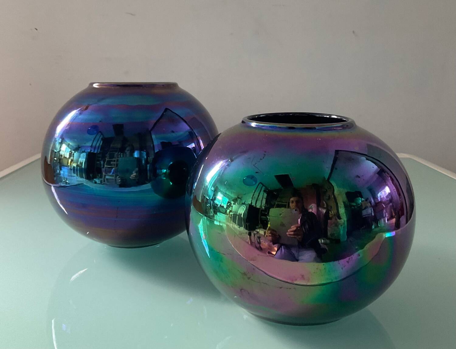Duo of vintage iridescent ceramic vases from the 70s