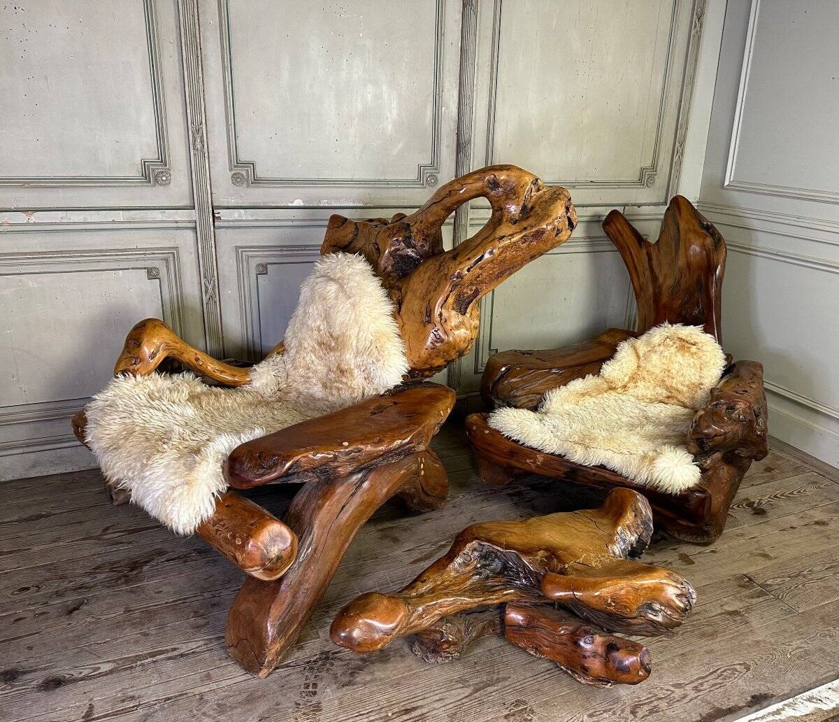 Pair of armchairs and a footstool made of root wood, circa 1970