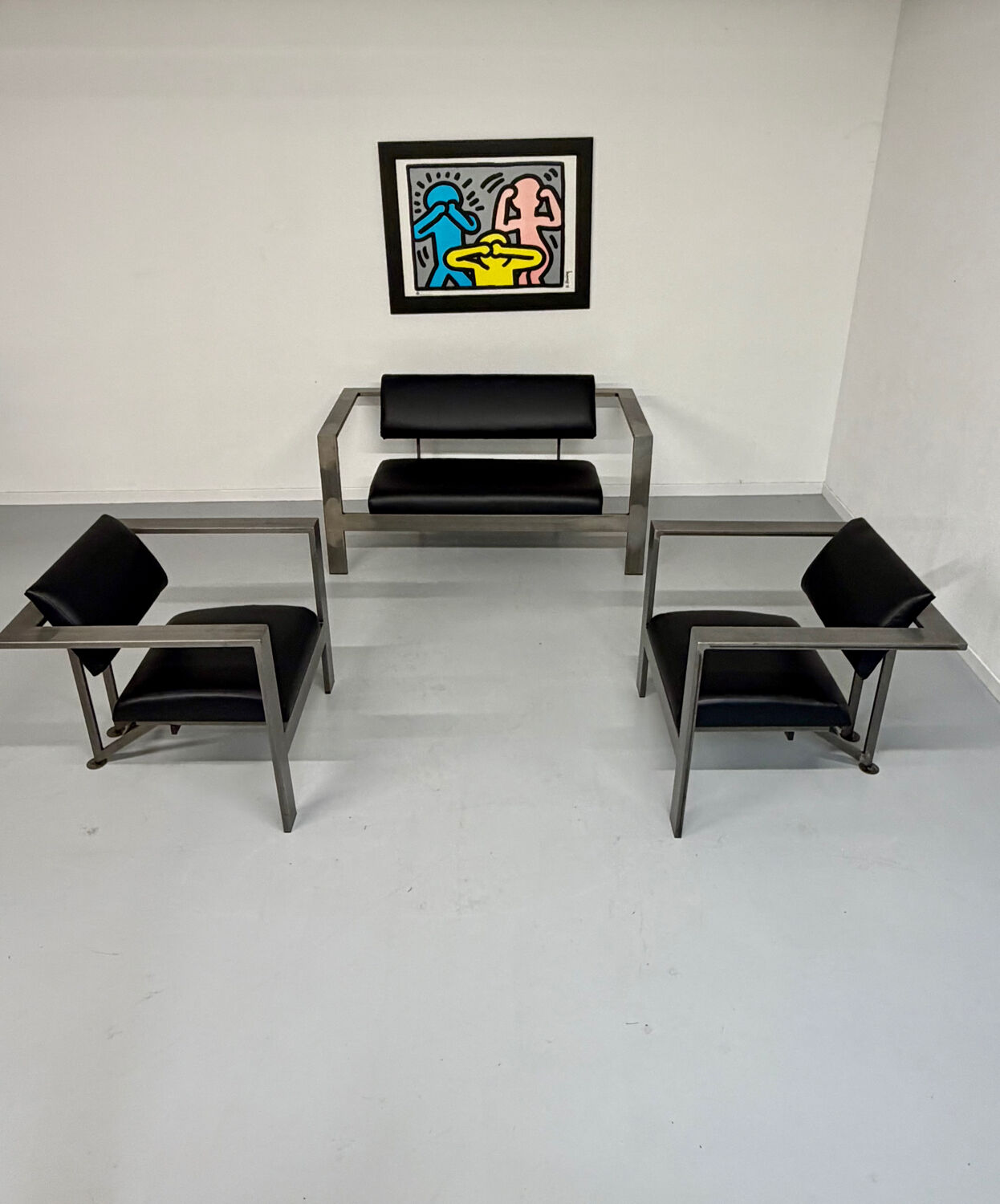 Salon brutaliste fauteuils simili métal design Karl Friedrich Forster