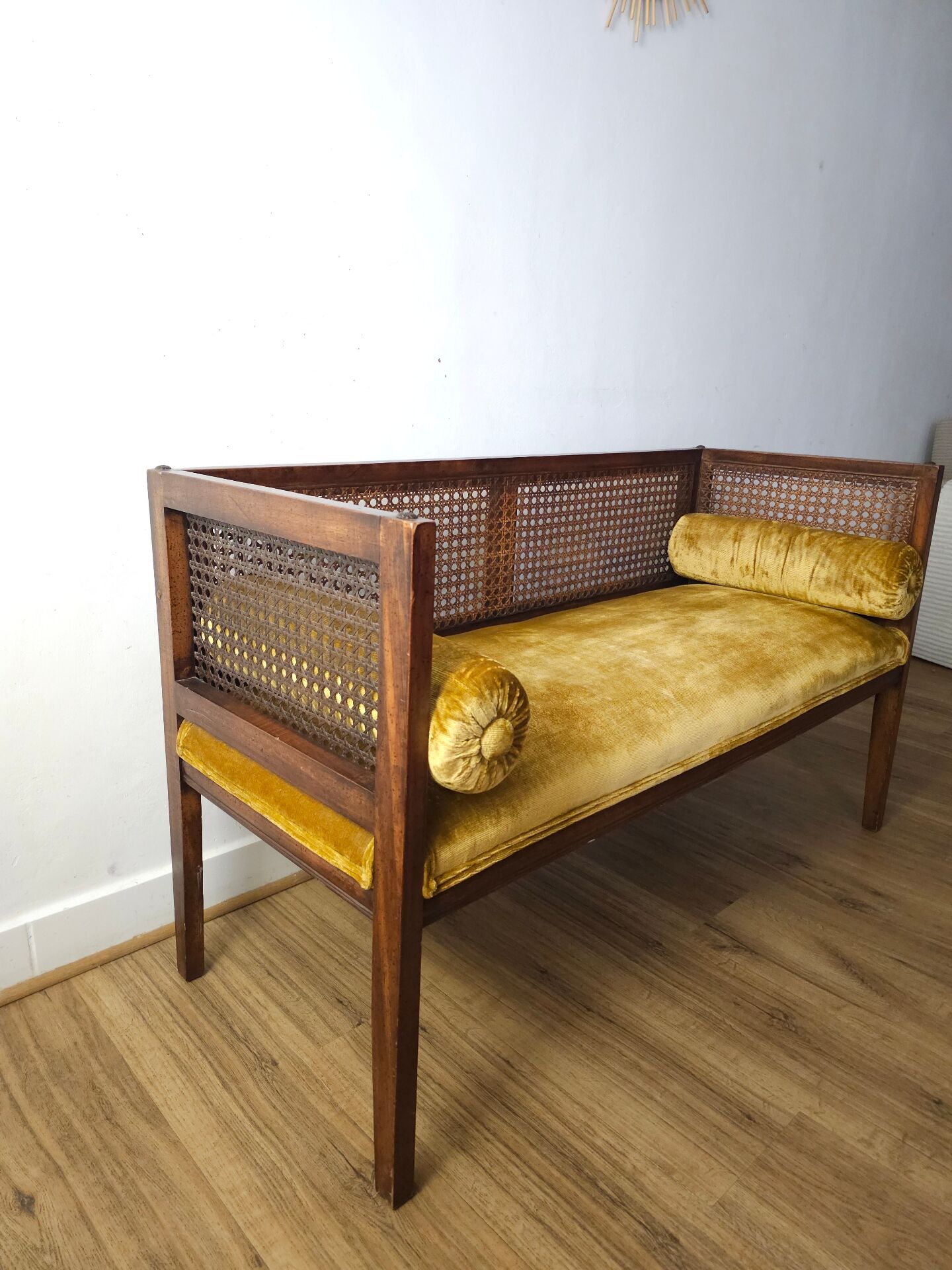 Vintage bench in cane and mustard yellow velvet