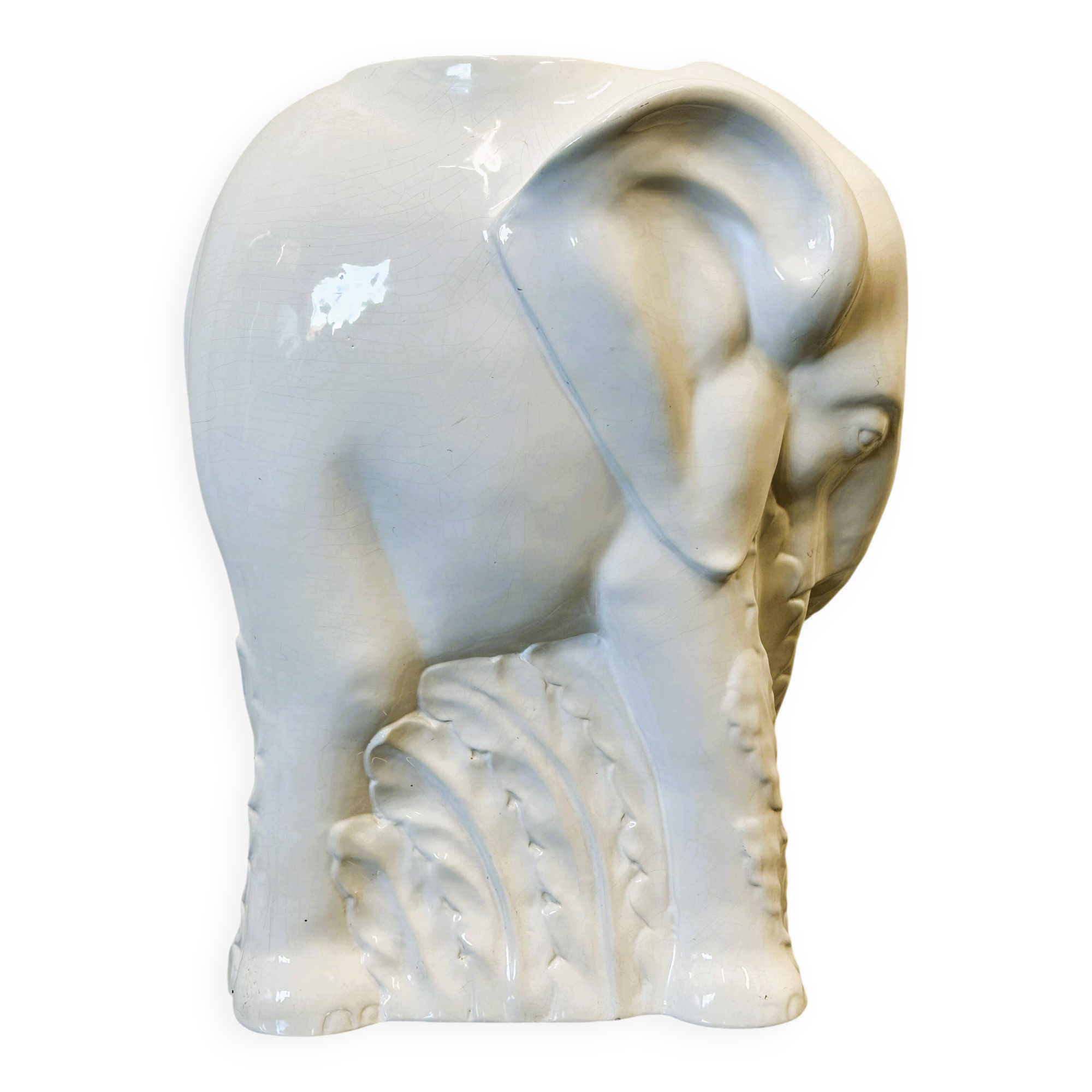 Vintage White Ceramic Elephant Umbrella Stand - Planter, France 1970s.