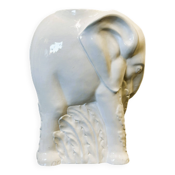 Vintage White Ceramic Elephant Umbrella Stand - Planter, France 1970s.
