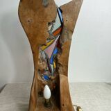 Carved wooden lamp and stained glass