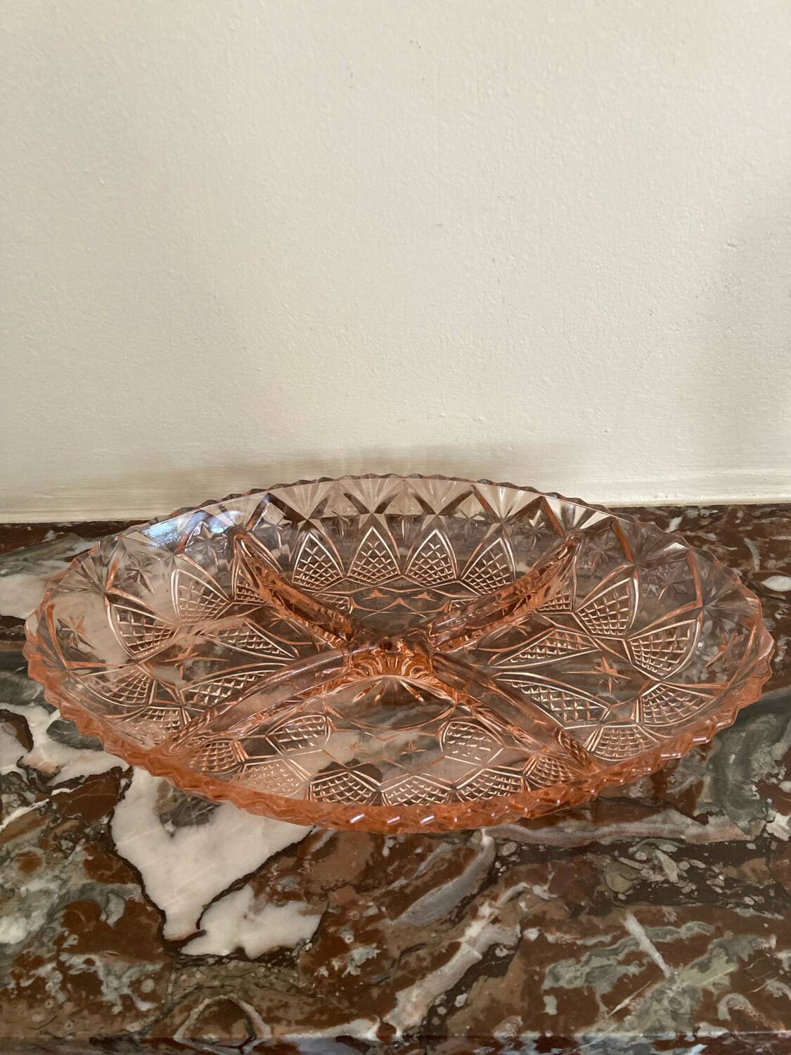 Art Deco pink molded glass aperitif serving dish