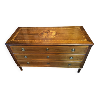 Large Louis XVI chest of drawers with 3 drawers, marquetry decor, Antique scene, late 18th century
