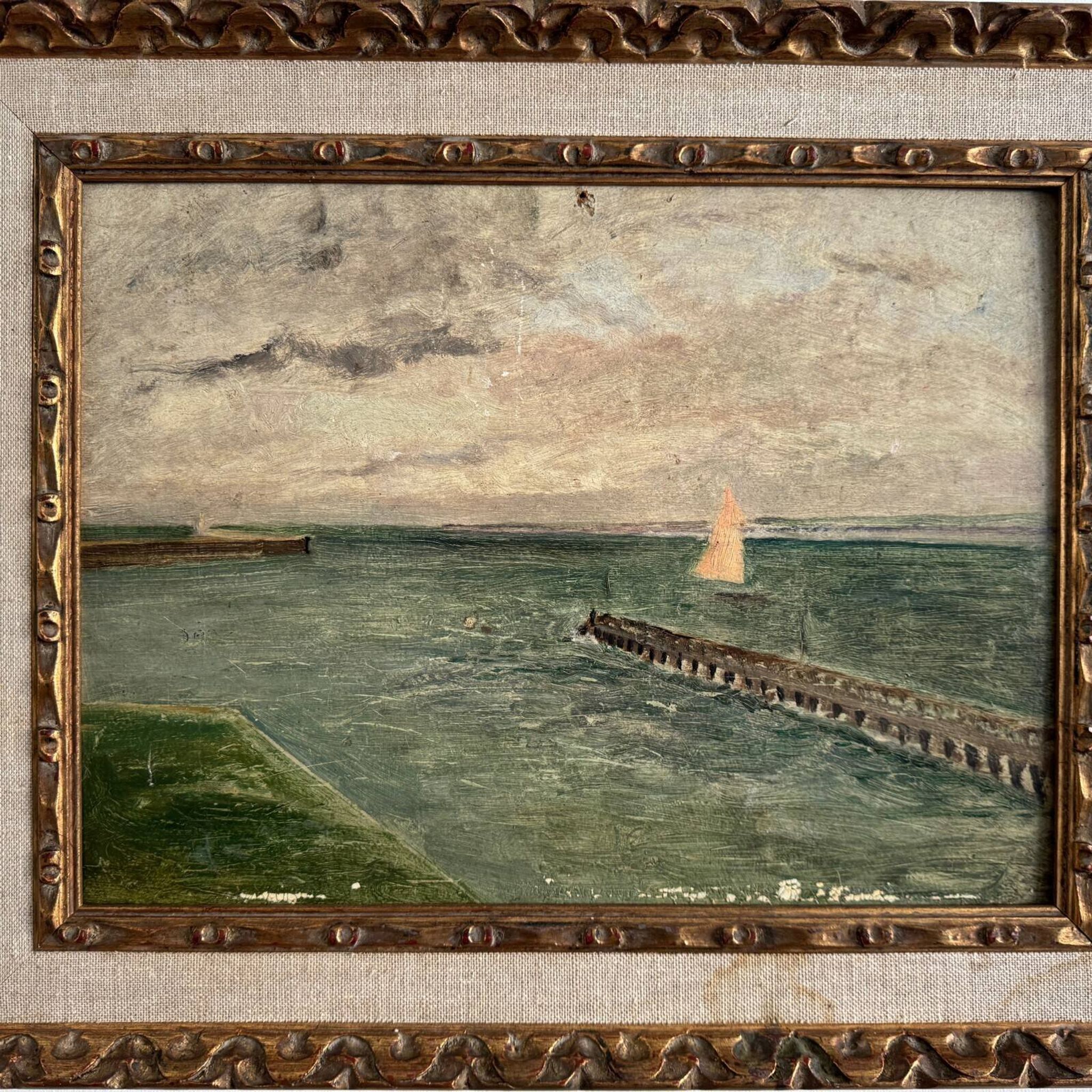 Huile sur carton "Le Croisic jetée en bord de mer", début XXe