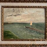 Oil on cardboard Le Croisic seaside jetty early 20th century