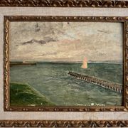 Huile sur carton "Le Croisic jetée en bord de mer", début XXe