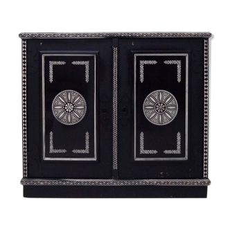 Antique wooden cabinet painted in black and with incised white painted decorations, Ettore Zaccari, Italy c 1910