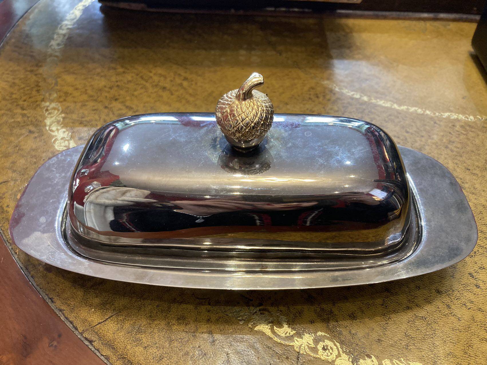 Vintage metal and glass butter dish