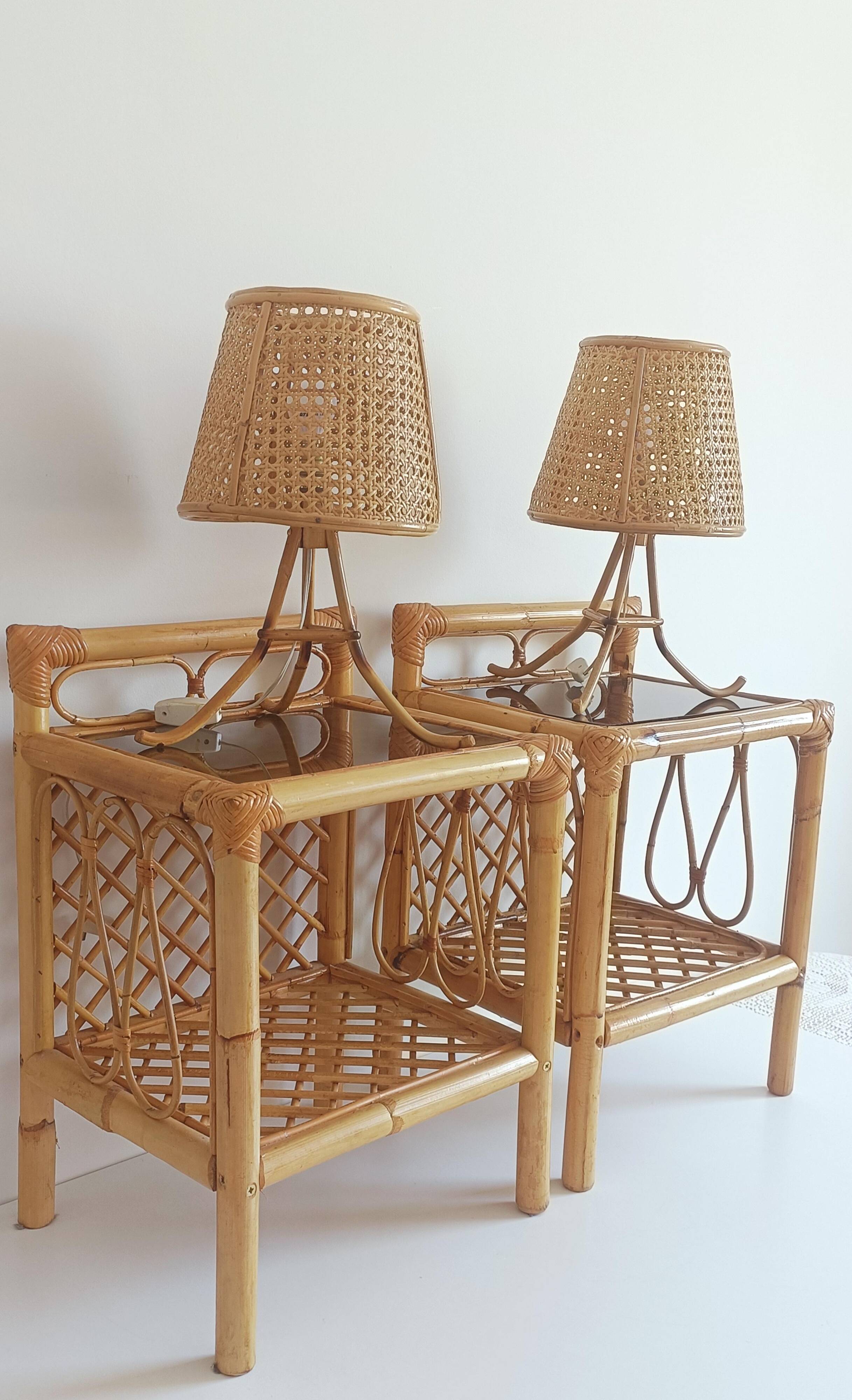 Mid-Century Bamboo and Rattan Nightstands, Spain, Hand-Crafted, 1970s