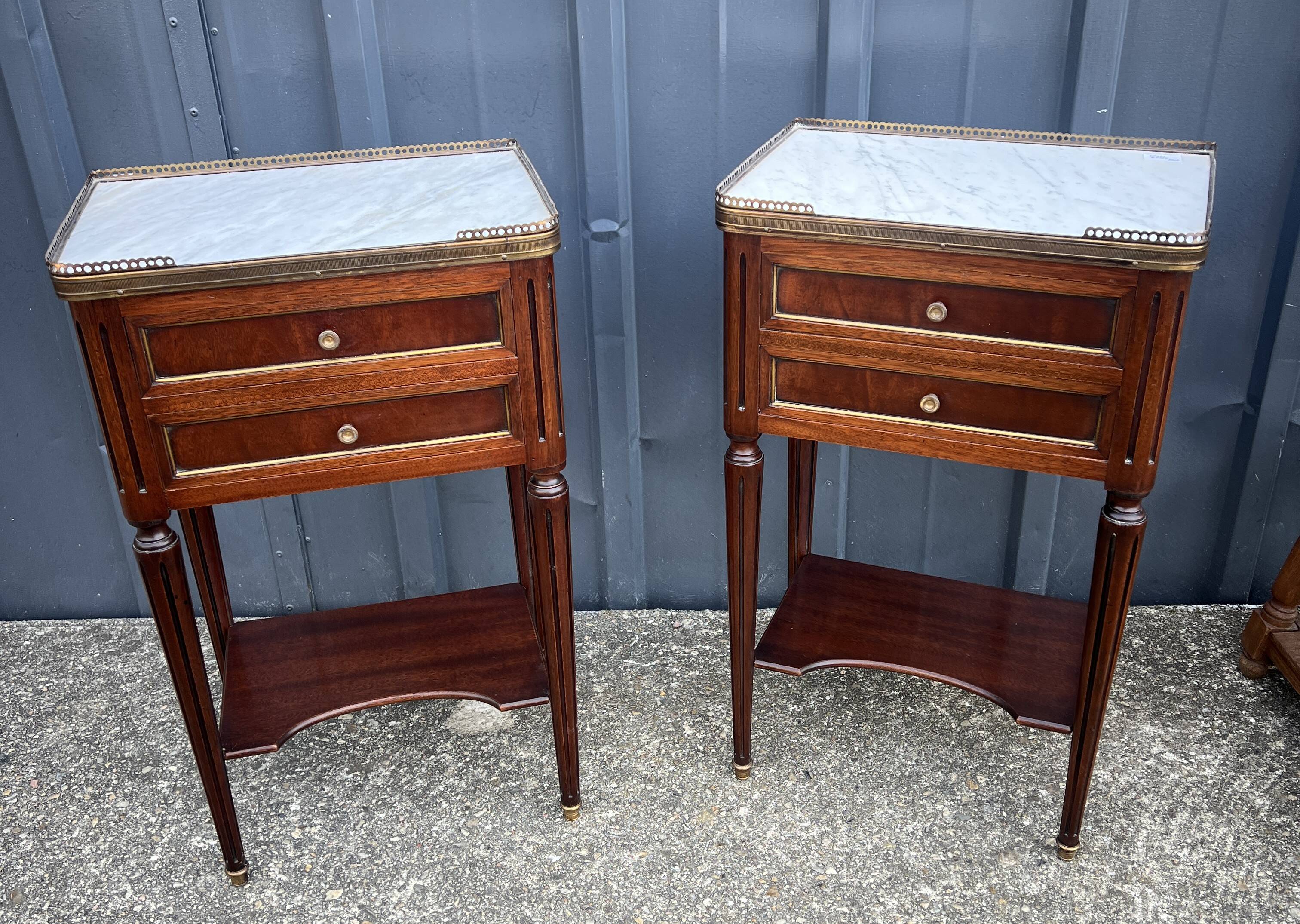 Pair of mahogany bedside tables, marble top, Louis XVI style