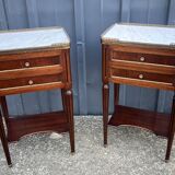 Pair of mahogany bedside tables, marble top, Louis XVI style
