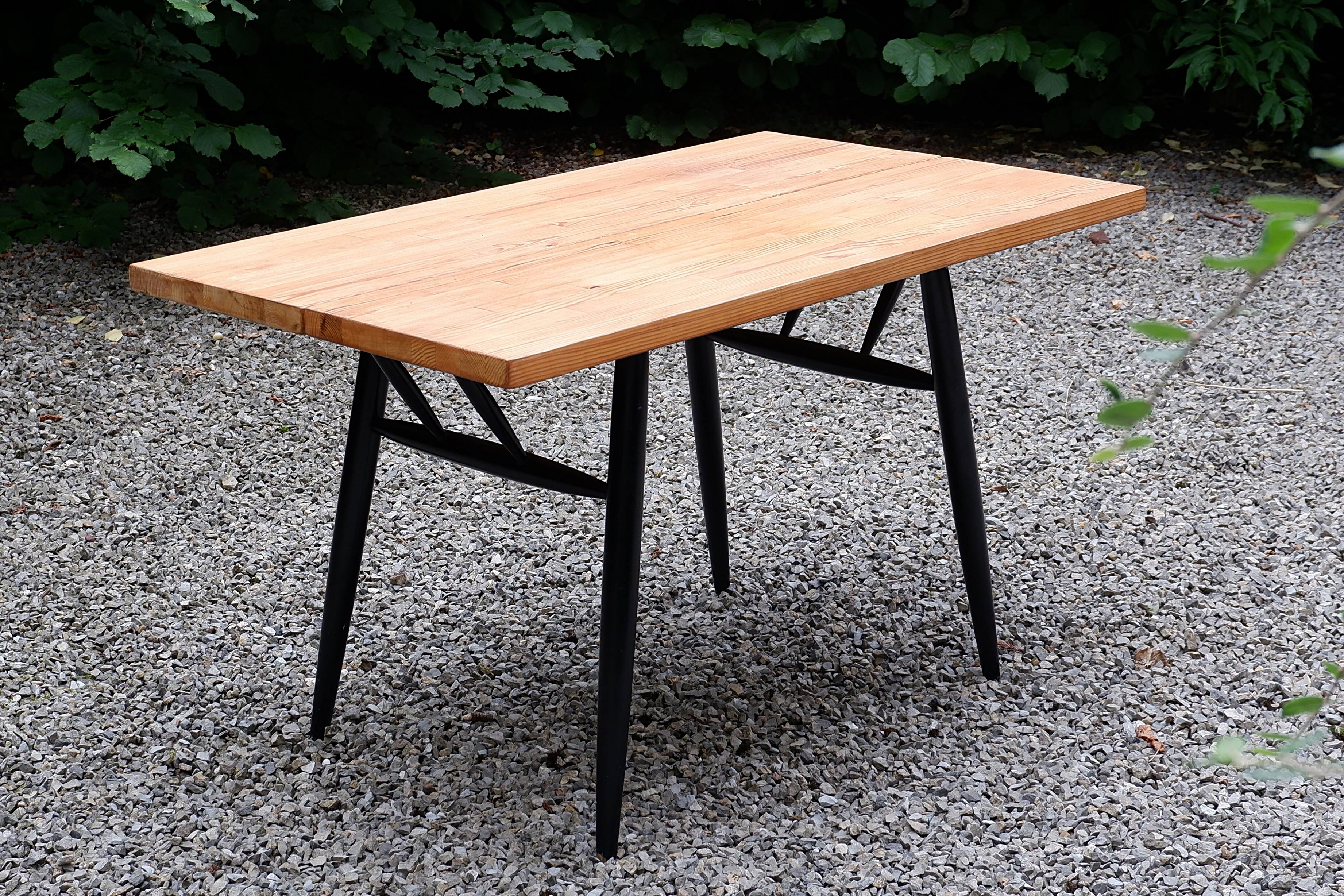 Table/Desk Model "Pirkka" solid pine top - black painted wooden legs Model from the 50's