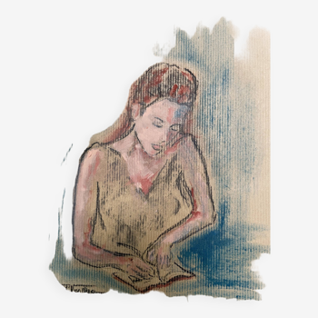 Tableau signé fusain et pastel sur papier kraft « portrait de femme écrivant »