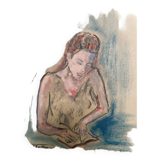 Painting signed charcoal and pastel on kraft paper “portrait of a woman writing”