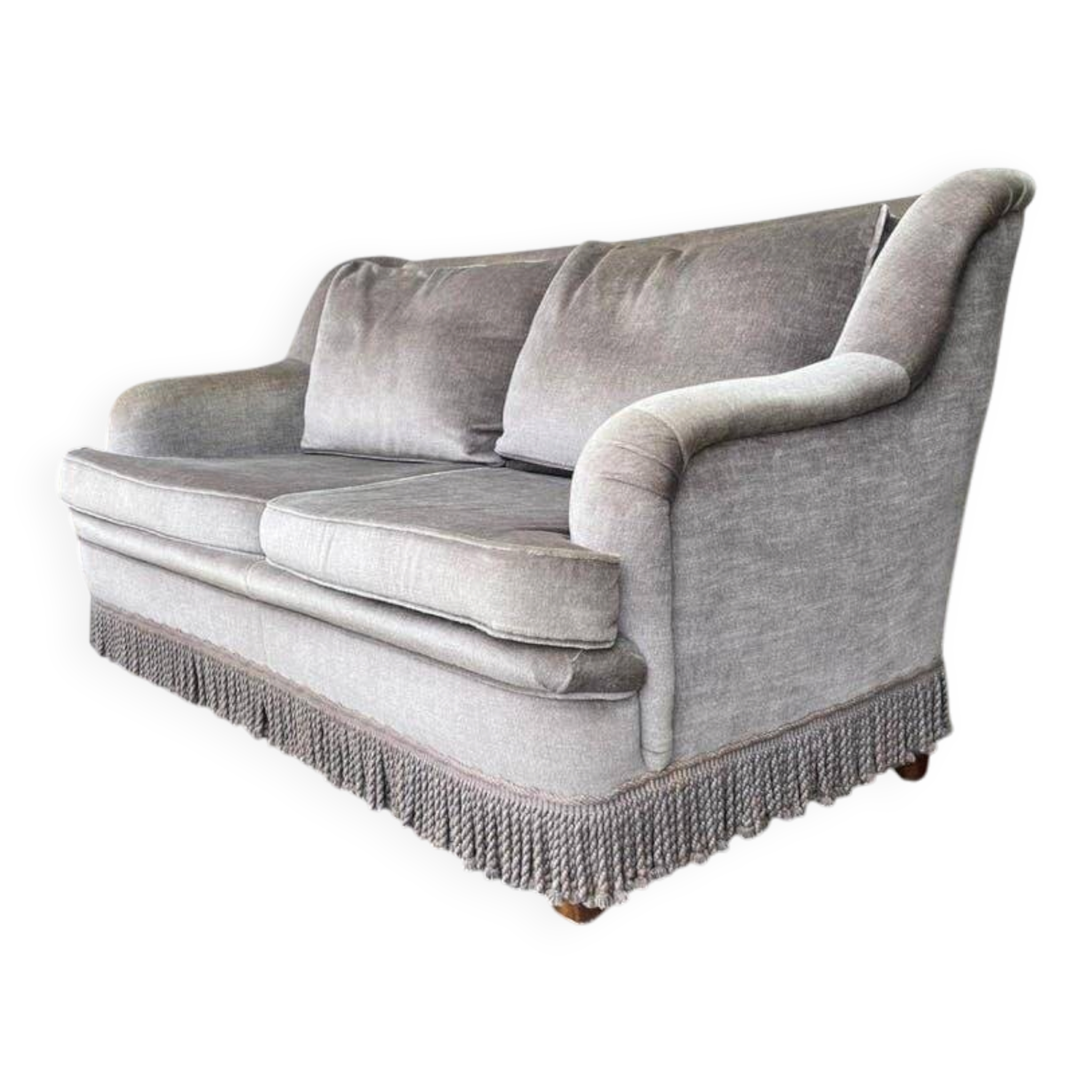 Vintage taupe two-seater armchair/sofa with fringes.