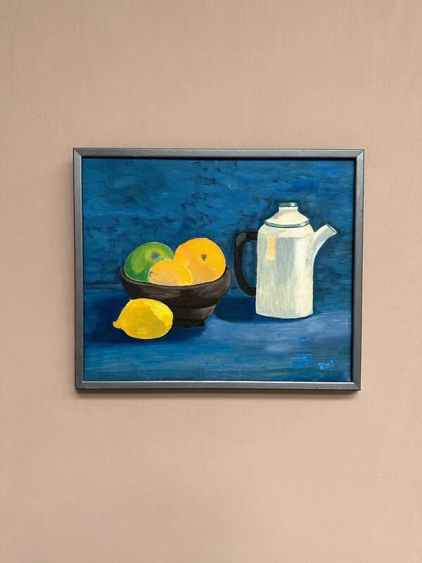 Oil on canvas "Still life with fruits and bottle" by S. Catchings, framed 50×41cm