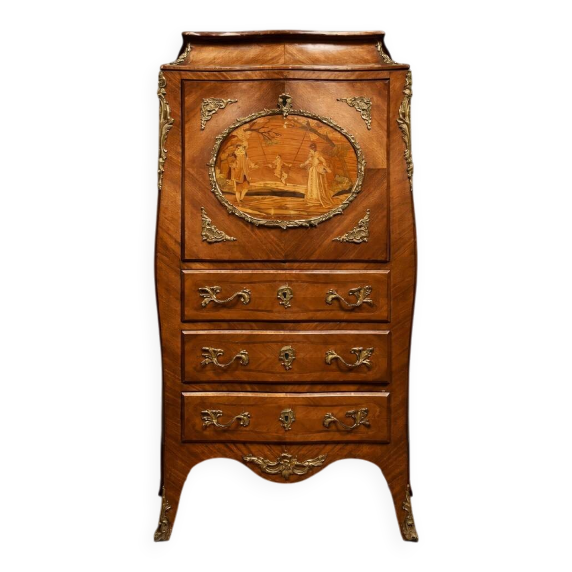Louis XV secretary in marquetry – Gallant scene – Gilded bronze