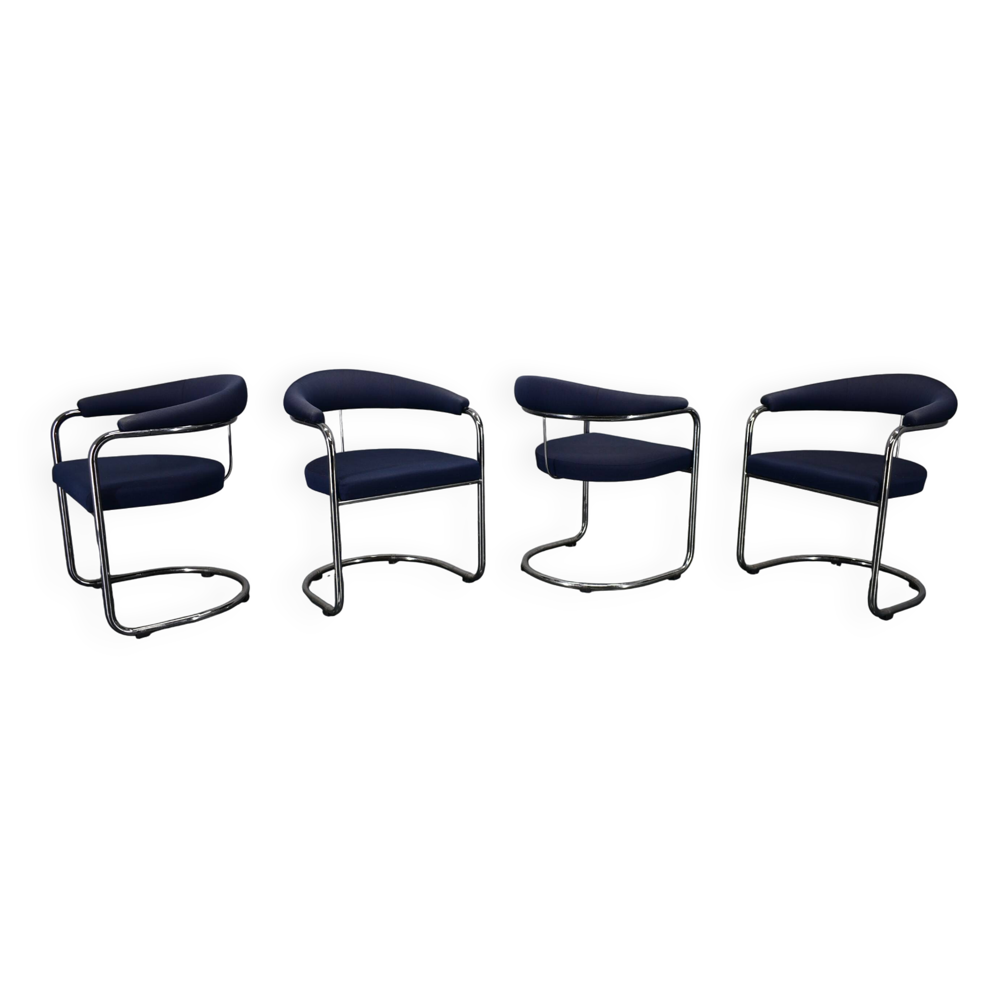 Anton Lorenz for Thonet "Ss33" Set of 4 chrome Armchairs in blue fabric , 1970s