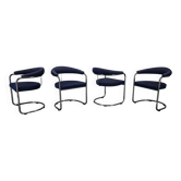 Anton Lorenz for Thonet "Ss33" Set of 4 chrome Armchairs in blue fabric , 1970s