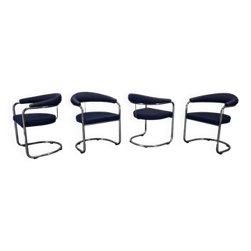 Anton Lorenz for Thonet "Ss33" Set of 4 chrome Armchairs in blue fabric , 1970s