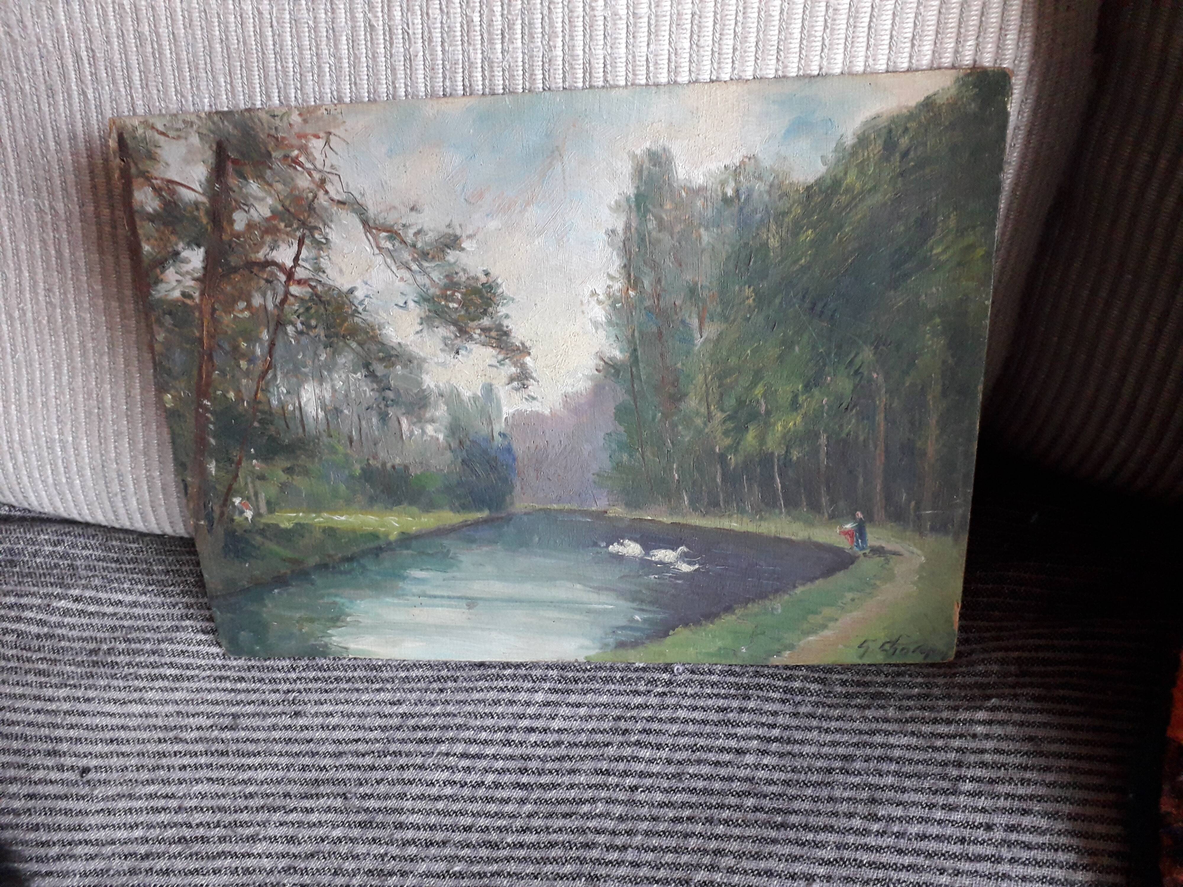 Old oil painting depicting a landscape