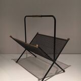 Black lacquered metal design magazine rack, perforated sheet and brass
