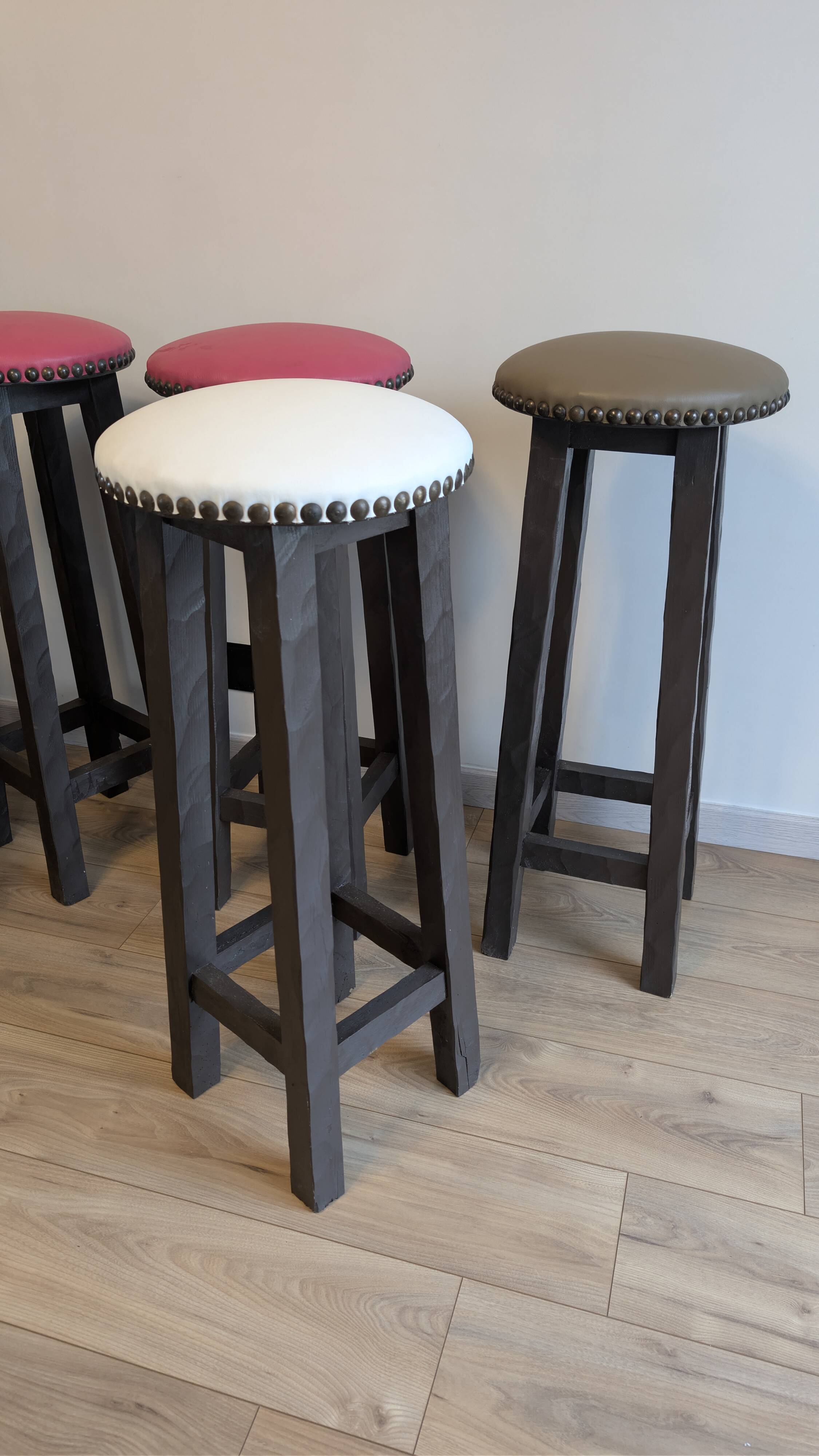 Set of 6 wooden bar stools — bistro style & distressed wood