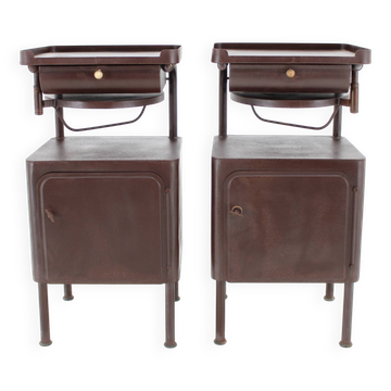 1940s Pair of Industrial Nightstands with Pull Out Table Czechoslovakia