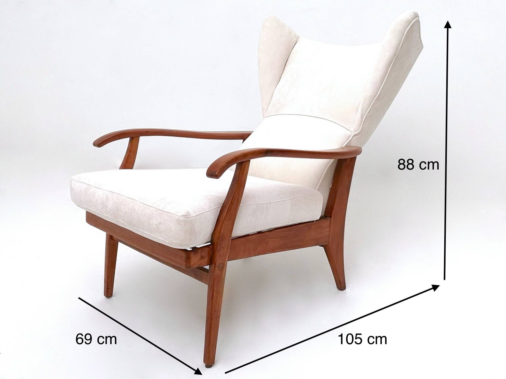 Reclining Armchair with Cherry Frame and White Velvet Upholstery, Italy