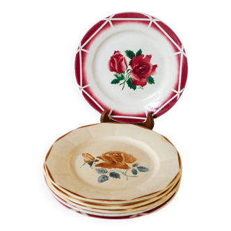 Set of 6 mismatched Digoin Sarreguemines dinner plates, cibon and pink flowers model, 1950