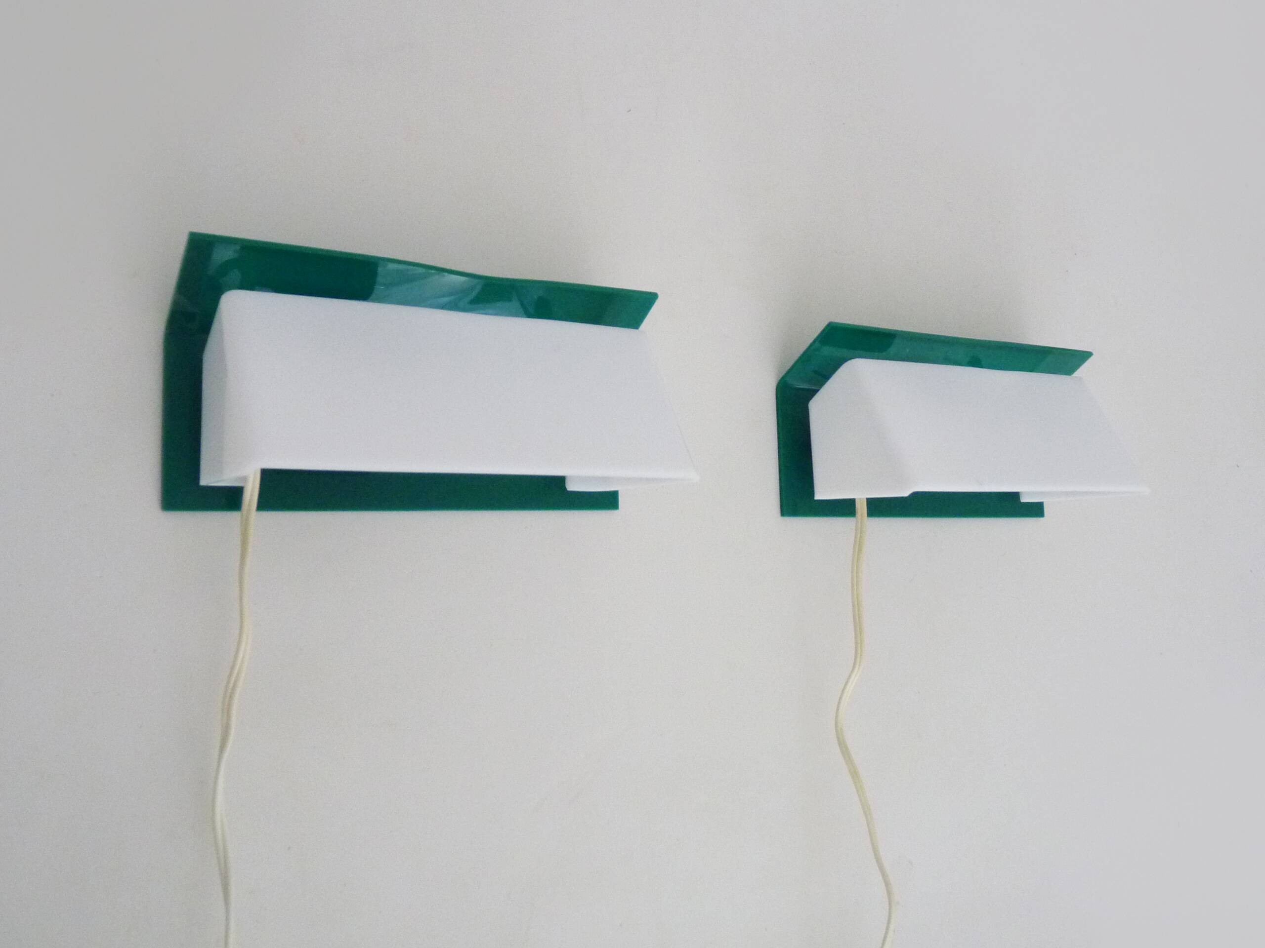 Pair of wall sconces with Scandinavian green and white shutters. 1980s.