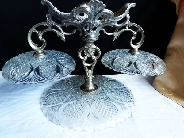 Présentoir à fruits art déco 2 étages, Coupe à fruits art déco verre/métal