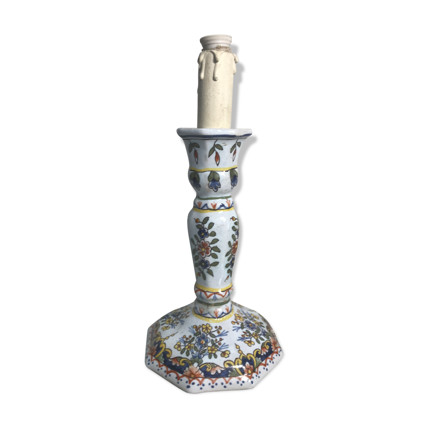 Vintage electrified candleholders in painted ceramic octagonal foot