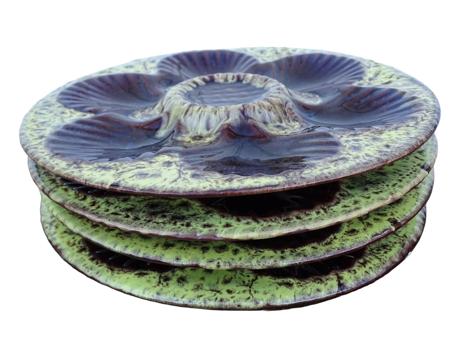 Assiettes à huîtres vintage françaises en céramique Vallauris, signées Marius Giuge, lot de quatre